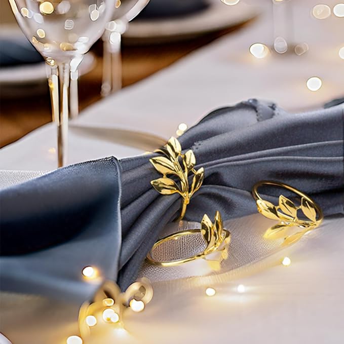 Set of 50 Leaf Napkin Rings Metal Gold Leaf Napkin Ring, Metal Napkin Rings Dinner Banquet Serviette Decor, Dinning Table Setting for Thanksgiving Christmas Halloween Holiday Wedding Party