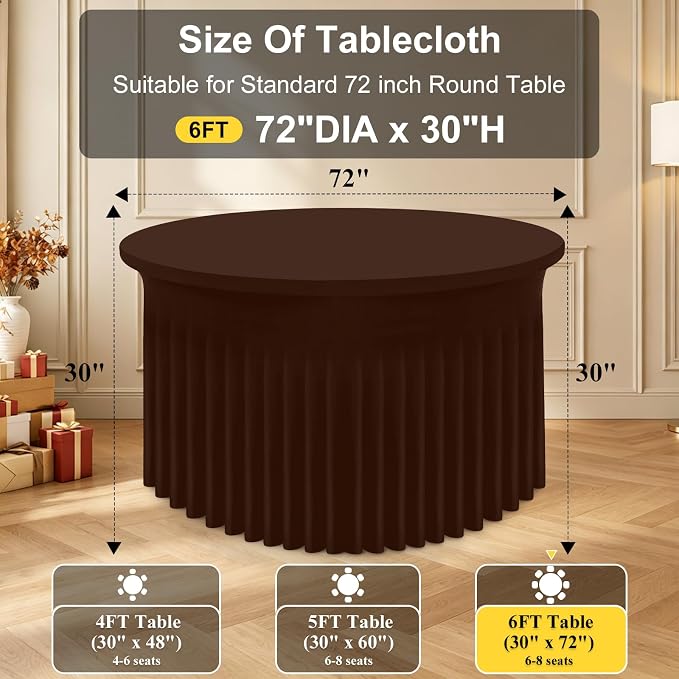 Smiry Round Spandex Tablecloth 2 Pack, Elastic Fitted Washable Tablecloths for 72 Round Tables, Waterpoof Stretch Table Cover Skirt for Outdoor, Wedding, Banquet & Parties, Coffee