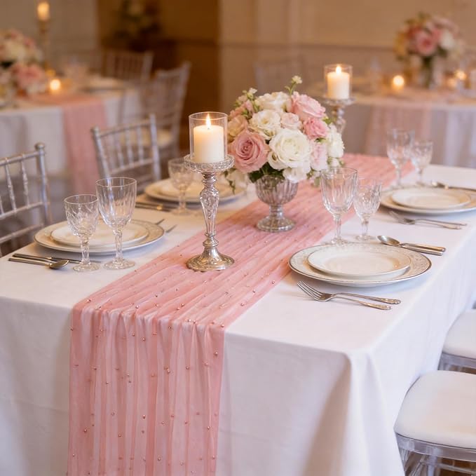 Pearl Tulle Table Runner Fabric: 10ft Wedding Veil Seasonal Dessert Chiffon Pearl Lace Boho Overlay Mother's Day Wedding Aisle Runner Party Decorations Doilies
