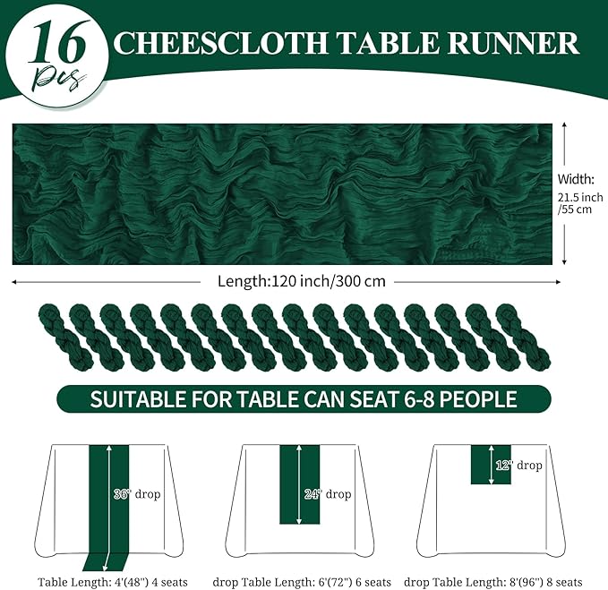 16 Pack 10Ft Cheesecloth Table Runner Dark Green, 20 x 120 Inch Rustic Gauze Boho Cheese Cloth Table Runners Wedding Long Table Runner for Wedding Party Bridal Shower Table Decoration