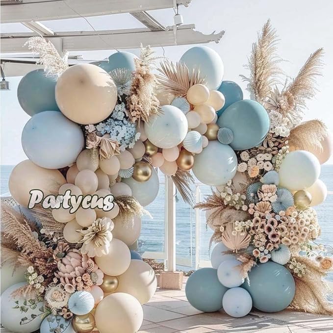 Dusty Blue White Sand Balloon Garland Double Stuffed Pastel Light Blue Cream Beige Matte Balloon Arch Kit with Gold Latex for Neutral Baby Shower Bridal Wedding Birthday Mothers Day Summer Party