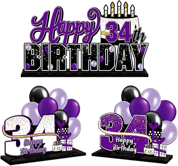 LINGTEER Happy 34th Birthday Purple Acrylic Table Topper Centerpieces Set - Cheers to 34 Years Old Birthday 34th Bday Party Gift Decorations.