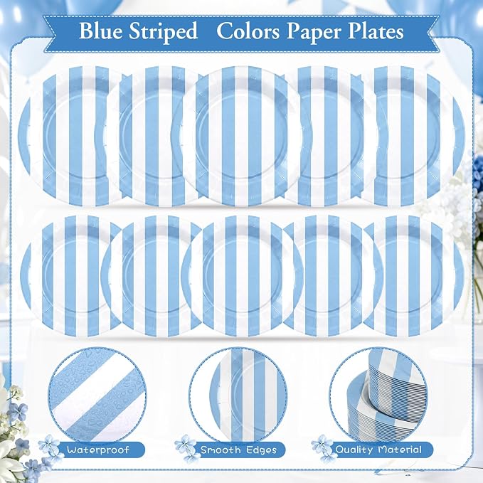 Mimorou 350 Pcs Blue and White Striped Paper Plates and Napkins for 50 Guests, Blue Striped Disposable Tableware Set Plates Cup Napkins Spoon Fork Knife for Baby Shower Birthday Party Supplies