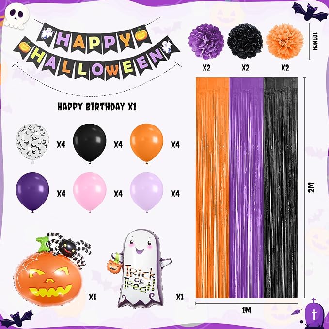 Purple Black Orange Party Decorations Set,Halloween Decorations Kit Including HAPPY HALLOWEEN Banner,Foil Balloons,3D Bat Stickers,Fringe Curtain,Paper Pompoms,Indoor Outdoor Halloween Supplies