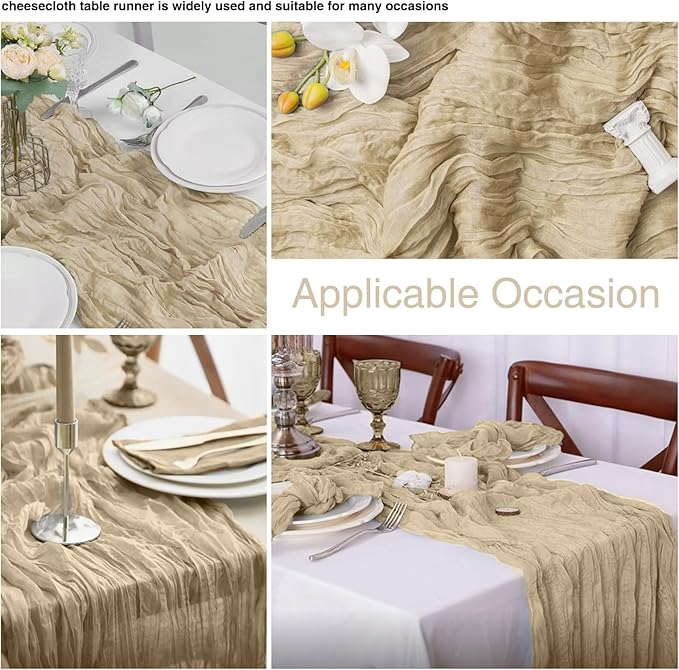 6 Pack Beige Cheesecloth Table Runner 21x120 Inch Boho Wrinkled Sheer Romantic Gauze Decor for Wedding, Bridal Shower, Birthday Party