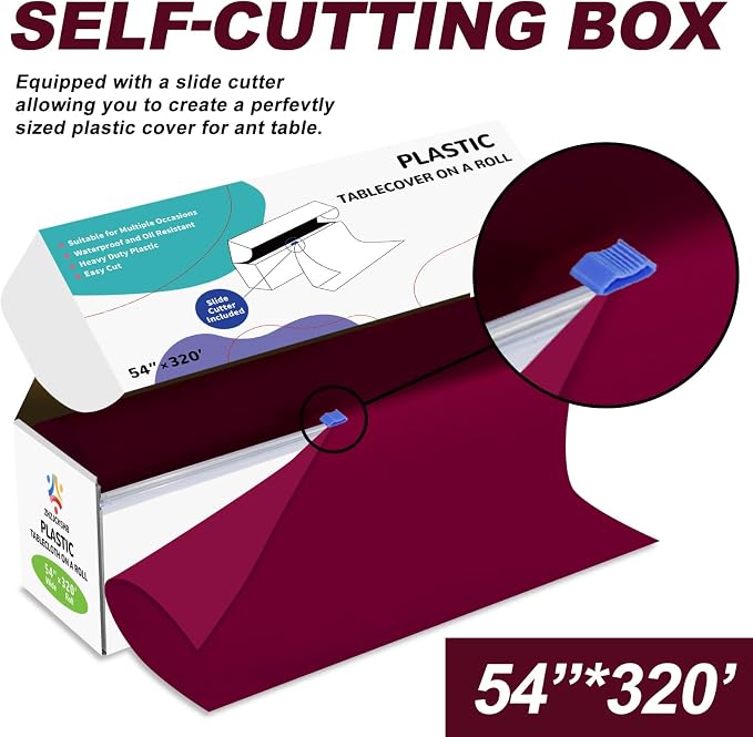 54IN X 320FT Plastic Table Cover Roll with Cutter Box, Cut to Size Plastic Table Cloths for Parties, Birthday, Disposable Tablecloth Roll for All Shape Tables (Burgundy, 54 Inch X 320 Feet)