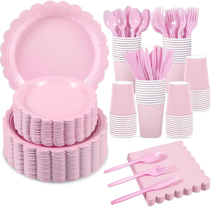 350 Pcs Pink Paper Plates and Napkins, Pink Party Decorations Include Paper Plates Napkins Cups Plastic Cutlery for Girls Birthday, Baby Bridal Shower, Wedding