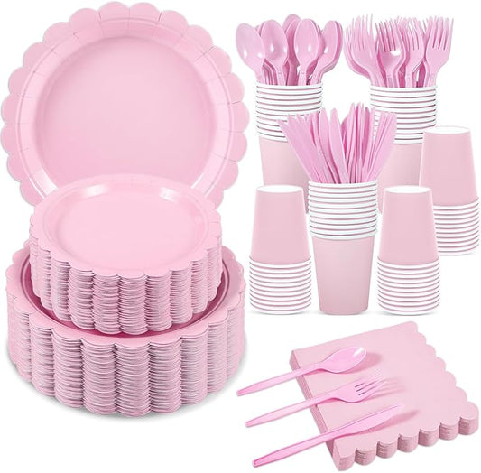 350 Pcs Pink Paper Plates and Napkins, Pink Mothers Day Decorations Include Paper Plates Napkins Cups Plastic Cutlery for Girls Birthday, Baby Bridal Shower, Wedding