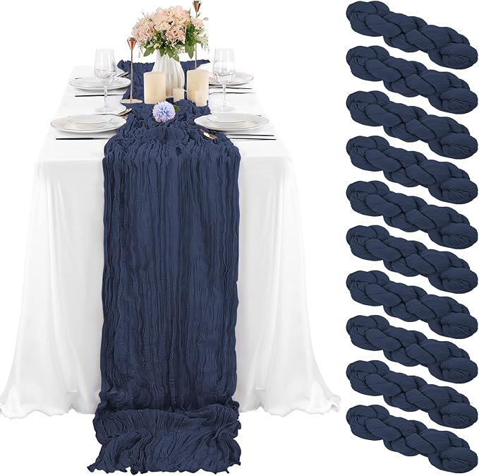 10 Pcs Navy Blue Cheesecloth Table Runner 10FT, Gauze Table Runner for Wedding Reception Sheer Bridal Shower Birthday Party Boho Table Decoration, Rustic Romantic Wedding Runner