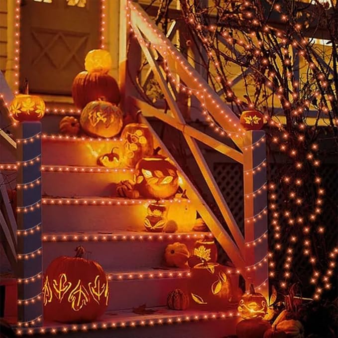 QITONG 2 Pack Orange Battery Operated Halloween Lights, Each 33ft 100 LED String Lights Outdoor Waterproof with Remote, Clear Wire Christmas Twinkle Lights with 8 Modes Indoor
