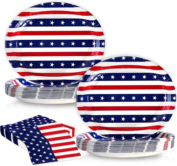 OuMuaMua 100 Pcs American Flag Patriotic Party Supplies, 12"x10" Oval Red White and Blue Paper Plates and Napkins Set, Heavy Duty Disposable Dinnerware for 4th of July, Independence Day, Veterans Day
