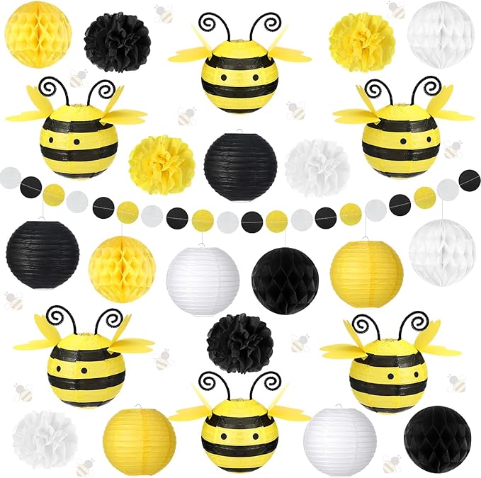 25 Pcs Honey Bee Party Decorations Include 6 Paper Fans Lantern 6 Tissue Honeycomb Ball 6 Paper Pom Poms 6 Bee Hanging Decor Circle Dot Garland for Baby Shower Birthday, Black Yellow White