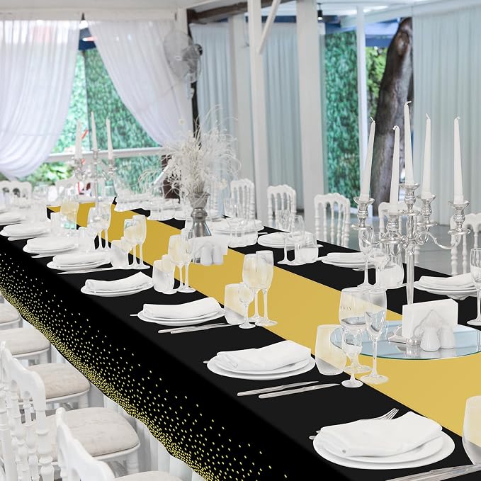 24 Pack Black and Gold Tablecloth and Table Runner Set Party Decorations, Black and Gold Plastic Disposable Tablecloth and Satin Table Runner for Wedding Birthday Bridal Graduation Anniversary Party