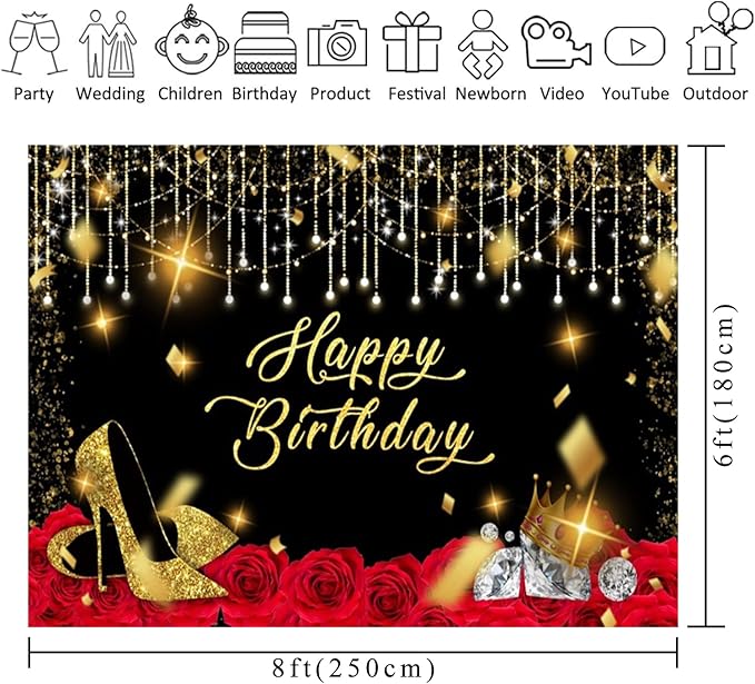 12x10ft Gold and Black Happy Birthday Backdrop Large Glitter Sequin High Heels Diamond Wine Red Rose Photography Background for Women Party Decorations Banner Photo Booth Backdrops