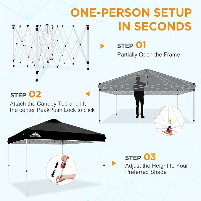 EAGLE PEAK Pop Up Canopy Tent with Wheeled Carry Bag, 8 Stakes, 4 Ropes, 4 Weight Bags, Easy Set Up Tent Canopy, 12x12 ft, 144sqft of Shade, Black