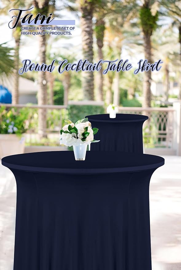 fani 6 Packs 32"x 43" Round Cocktail Table Skirt, Spandex Fitted High Top Table Skirt, Spandex Stretch Cocktail Tablecloth for Wedding Party Bar Banquet Birthday Tables(Navy Blue)
