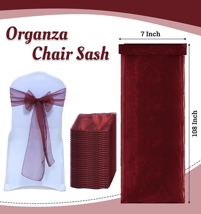 MDS® Pack of 25 Organza Chair Sashes for Wedding Decoration, Reusable Sheer Chair Bows for Banquet Chair Cover, Reception, Bridal Shower, Baby Shower, Birthday Party & Special Events - Burgundy