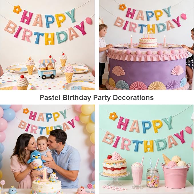 Pastel Pre-Strung 3D Happy Birthday Banner with Strawberry and Flower, Reusable Happy Felt Garland, Rainbow Party Decorations, Personalized Birthday Sign for Girls Womens