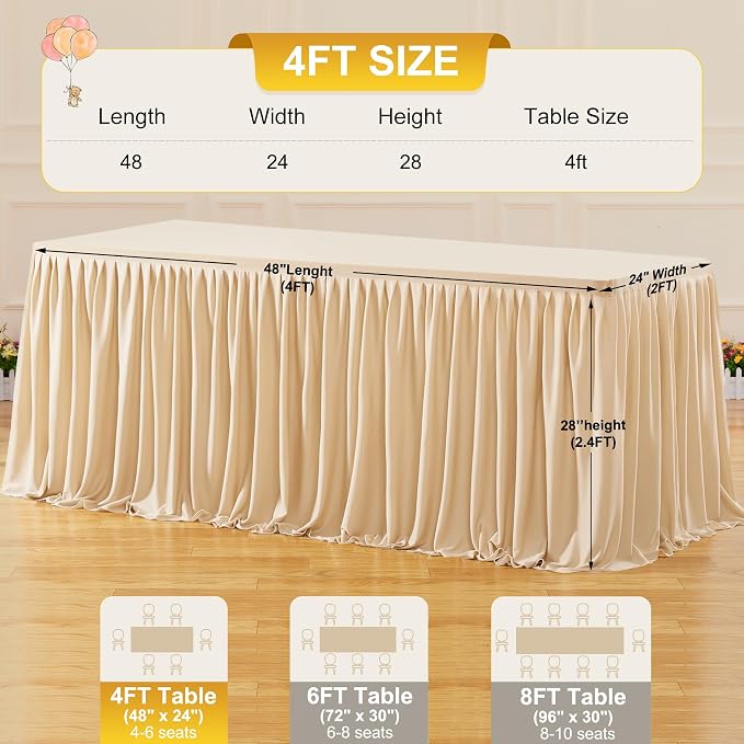 2 Packs Dark Champagne Tableclothes for 4 Foot Rectangle Tables, Wrinkle Free Fitted Table Cloth 4ft Stretch Table Cover with Skirt for Parties Weddings Birthday Banquet Baby Shower