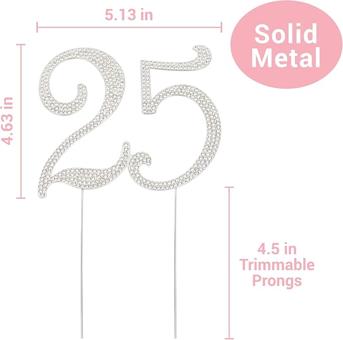 25 Cake Topper - Premium Silver Metal - 25th Birthday or Anniversary Party Sparkly Rhinestone Decoration Makes a Great Centerpiece - Now Protected in a Box