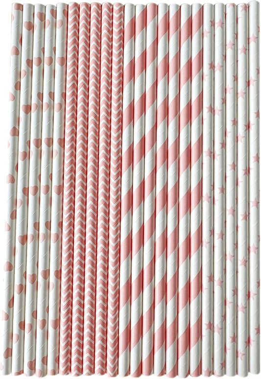 YAOSHENG [100 Pack] Pink Paper Straws Disposable 100% Biodegradable Multi-Pattern Party Straws For Birthday, Wedding and Holiday Decoration (Light Powder Series)