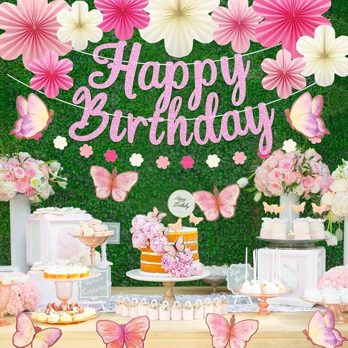 Butterfly Birthday Decorations Party Supplies with Pre-strung Happy Birthday Banner,Flower Garland,Cake Cupcake Toppers,Hanging Swirls, Paper Fan Spring-themed Decor Pack for Women Girls (Pink)