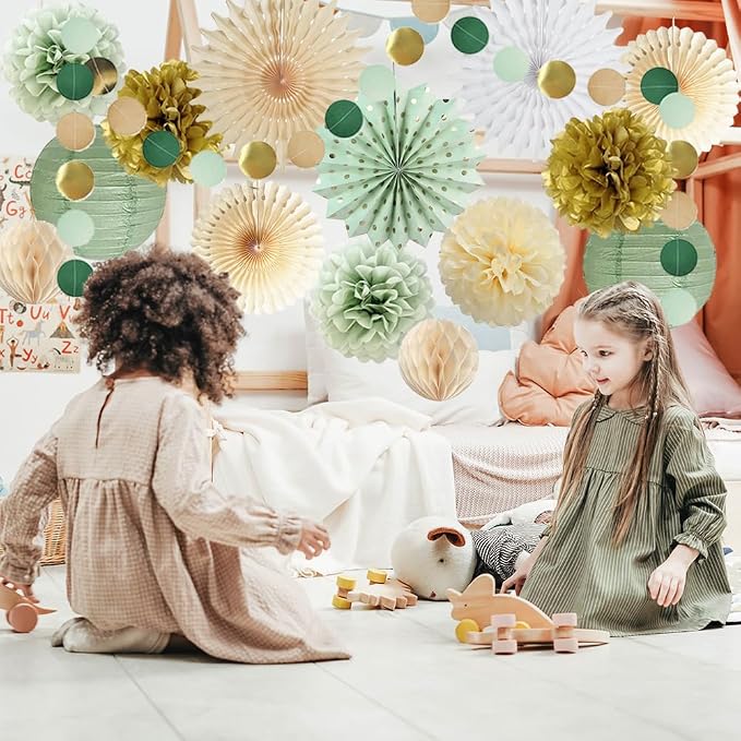 Sage Green Party Decorations Sage Green and Gold Party Decorations Paper Pom Poms Paper Fans Lanterns for Birthday Baby Shower Wedding Bridal Shower Party Decor