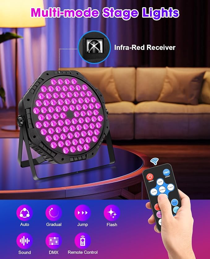 84LEDs Stage Lights 2 Pack 150W RGB Par Light Corded Party Uplights with Sound Activated and DMX Control for DJ, Disco, Wedding, Club, Bars, Birthday Party, Festivals Stage Lighting