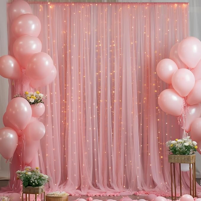 10x10ft Dusty Rose Tulle Backdrop Curtain with Lights String for Parites, Sheer Photo Backdrop Drapes with Lights for Wedding Backdrop Ceremony Reception Bridal Shower Baby Shower Birthday Party