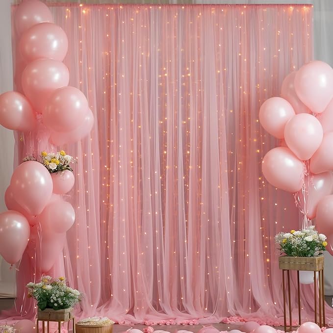 20x8ft Dusty Rose Tulle Backdrop Curtain with Lights String for Parites, Sheer Photo Backdrop Drapes with Lights for Wedding Backdrop Ceremony Reception Bridal Shower Baby Shower Birthday Party