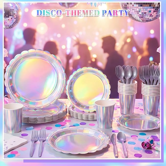 175 Pcs Iridescent Party Plates and Napkins, Iridescent Party Decorations Include Scalloped Holographic Paper Plates and Napkins Set for Birthday, Mermaid, Disco, Frozen