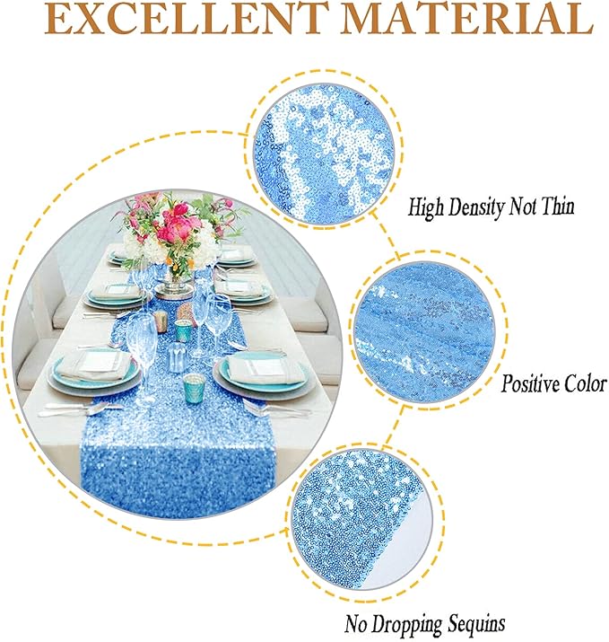 ShinyBeauty Baby Blue Table Runner 2 Pack 12''X108'' Sequin Table Runner Sequence Light Blue Table Runners 108 Inches Sparkle Party Table Runner Wedding Decor