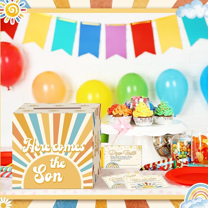 Teling 51 Pieces Diaper Raffle Tickets with Card Box Baby Shower Decorations Baby Shower Holder Box for Girl Boy Diaper Raffle Party(Here Comes the Son)