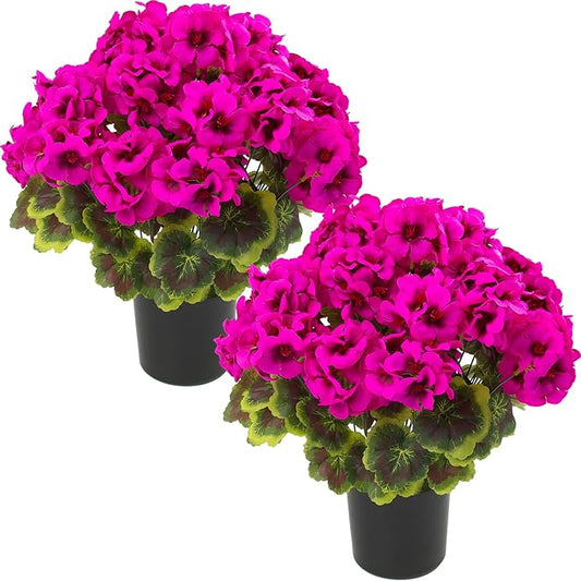 lovemoon 2Set Geranium Potted Artificial Flowers,Fake Geranium Plants for Outdoor Home Décor Office Tables Porch Garden Decor (2, Rose Red)