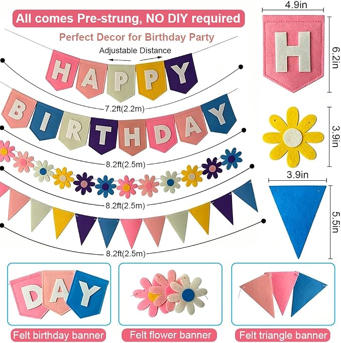 Yancan Colorful Happy Birthday Banner for Girls Women Party Decoration | Pre-strung Felt Happy Birthday Banner, Flowers Garland, Triangle Flags