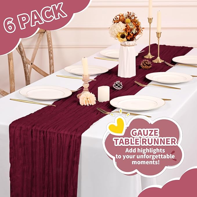 6 Pack Cheesecloth Table Runner,Burgundy Table Runner Long Romantic Semi Sheer Rustic Boho Gauze Table Runners for Wedding Bridal Shower Birthday Party Decorations(17.7×108 Inch)