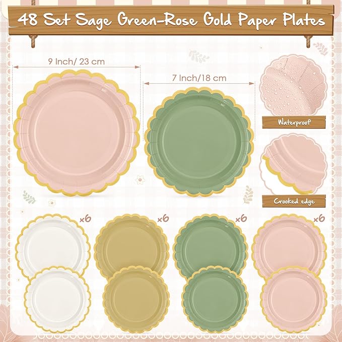Mimorou 342 Pcs Sage Green and Pink Party Supplies Green and Pink Tableware Paper Disposable Plates Napkins Cups Plastic Tablecloth Sage Golden White Triangle Banner for Wedding Bachelorette Birthday