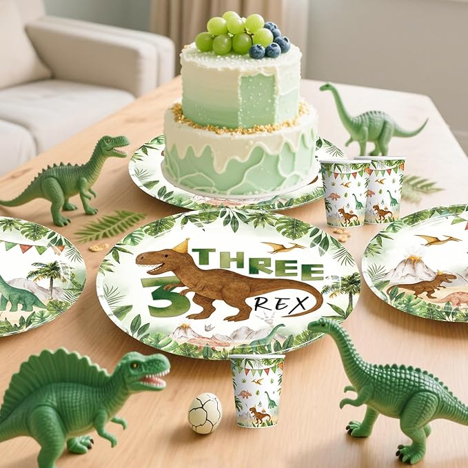cocomigo 267pcs Three Rex Birthday Decorations Boy Complete Party Set, 3 Rex Birthday Decorations Boys, Serves 25 Guests, for Dinosaur Theme 3rd Party Supplies