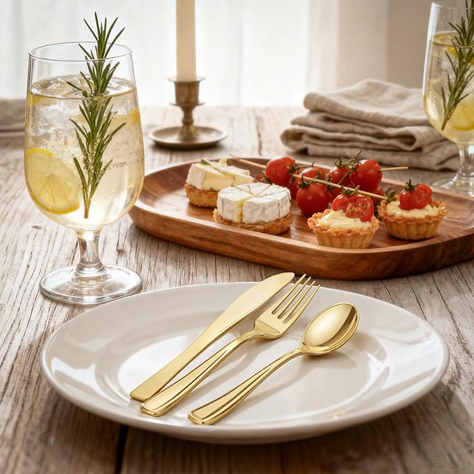 WDF300 Pieces Gold Plastic Silverware - Heavy Duty Disposable Cutlery Set Plastic Gold Silverware Set Includes 100 Forks, 100 Spoons, 100 Knives for Party/Baby Shower/Wedding/Birthday