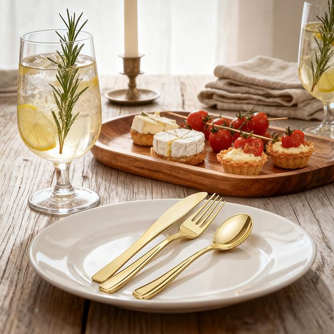 WDF300 Pieces Gold Plastic Silverware - Heavy Duty Disposable Cutlery Set Plastic Gold Silverware Set Includes 100 Forks, 100 Spoons, 100 Knives for Party Baby Shower Wedding Spring