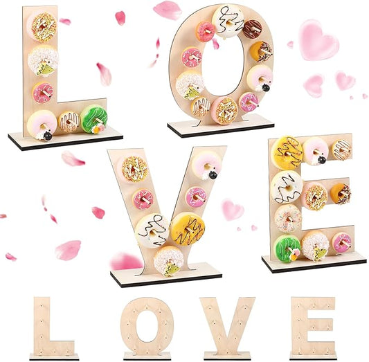 Colingmill Love Letter Donut Stand Wooden Donut Wall Display Reusable Bagel Stand Holder Board for Wedding Birthday Party Baby Shower Anniversary Festival Dessert Table Decoration