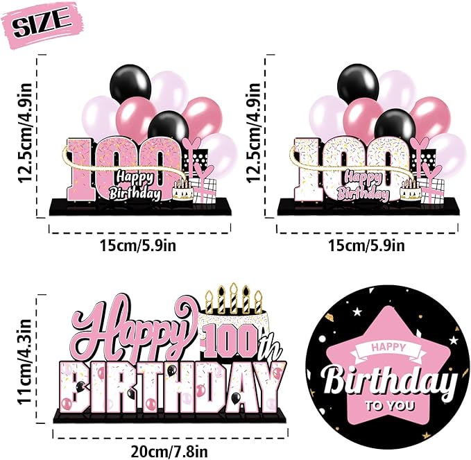 LINGTEER Happy 100th Birthday Pink Acrylic Table Topper Centerpieces Set - Cheers to 100 Years Old Birthday 100th Bday Party Gift Decorations.