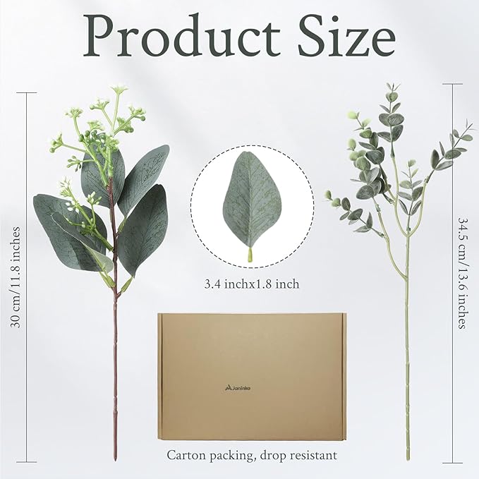 Janinka Mixed Eucalyptus Leaves Stems Bulk with White Seeds Artificial Silver Dollar Leaves Sprays Faux Oval for Wreath Garland Floral Bouquets Arrangement Wedding Greenery Decoration (20 Pcs)