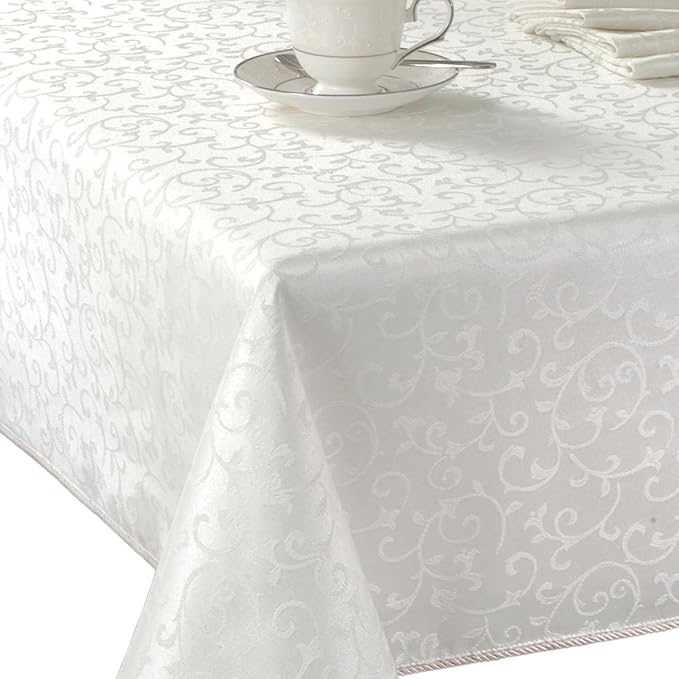 Lenox Opal Innocence 60” x 84” White Rectangle Tablecloth - Machine Washable, Wrinkle-Resistant, Table Cover
