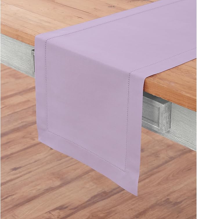 Solino Home Cotton Linen Table Runner 120 Inches Long - Hemstitch Lavender Ice Dining Table Runner 14 x 120 Inch for Mothers Day, Spring, Summer