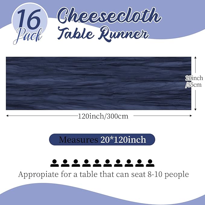 16 Pack Navy Blue Cheesecloth Table Runners 20x120 Inch Gauze Table Runner Cheese Cloth 10FT Blue Table Runner Rustic Sheer Runner for Wedding Baby Shower Birthday Party Table Decor