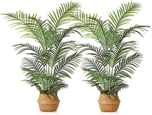 LOMANTO Fake Majesty Palm Plant 4Ft Artificial Tree for Home Decor Indoor Small Faux Trees in Pot Fake Tropical Plants for Housewarming 2Pack