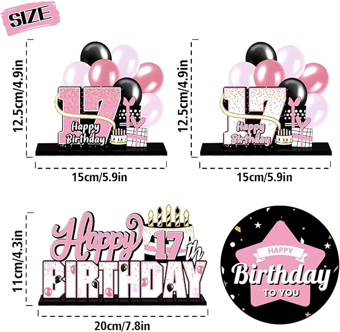 LINGTEER Happy 17th Birthday Pink Acrylic Table Topper Centerpieces Set - Cheers to 17 Years Old Birthday Seventeen Bday Party Gift Decorations.