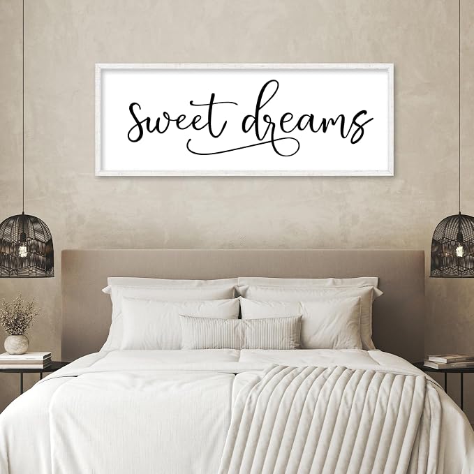 YWJKWLGS Sweet Dreams Wall Decor Signs Above Bed Bedroom Wall Art Over Bed | 40x15 Inch Farmhouse Handwritten Art Large Rustic White Wood Framed Master Guest Room Kids Room Wall Hanging