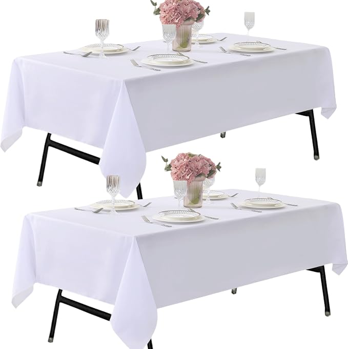 2-Pack 60x120 inch White Table Cloths, Solid Stain and Wrinkle Resistant Oblong Tablecloth, Premium Plain Weave Polyester Fabric Rectangle Table Linen Covers for Hotel, Wedding